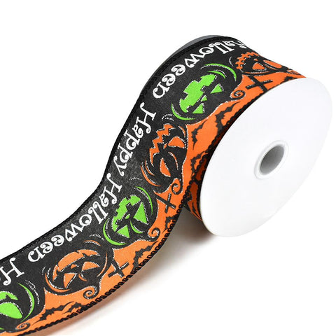 Happy Halloween Linen Wired Edge Ribbon, Orange/Black, 2-1/2-Inch, 10-Yard