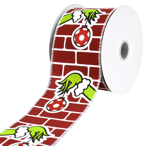 Christmas Monster Hand Brick Wall Wired Ribbon, 2-1/2-inch, 10-yard