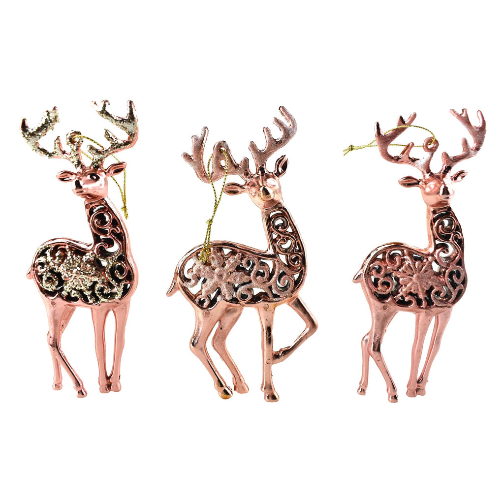 Metallic and Glitter Deer Ornaments, Rose Gold, 5-1/2-Inch, 6-Piece