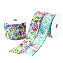 Watercolor Flowers Faux Linen Wired Ribbon, 10-yard