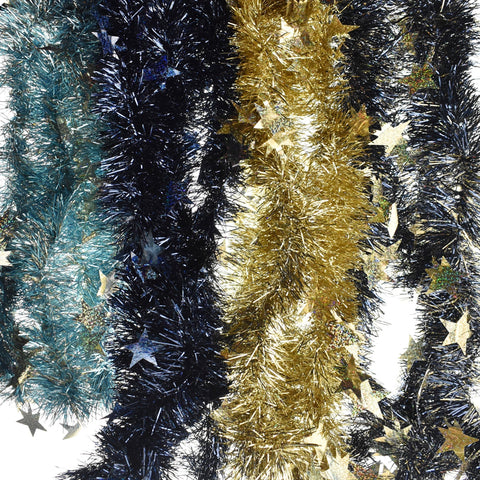 Christmas Star Die Cut Tinsel Garlands, Blue/Gold, 8-Feet, 4-Piece