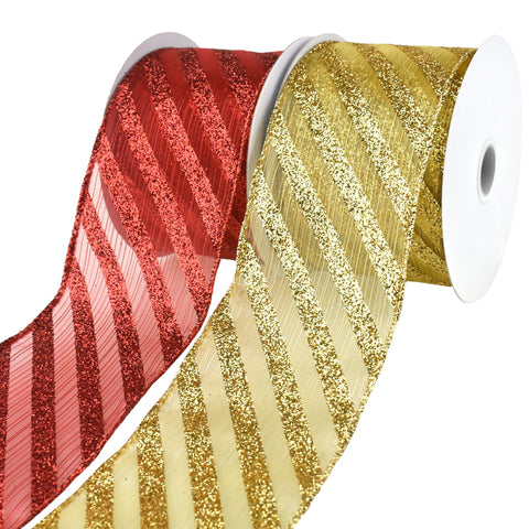 Christmas Metallic Stripe and Glitter Candy Cane Wired Ribbon, 2-1/2-Inch, 10-Yard