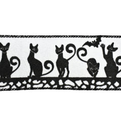Flocked Halloween Cats Faux Linen Wired Ribbon, 2-1/2-Inch, 10-Yard