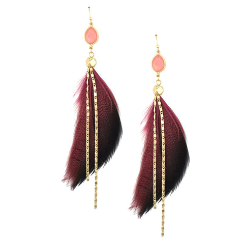 Feather with Stone Drop Earrings, 4-Inch