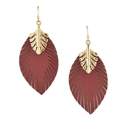 Leather Leaf Shaped Drop Earrings, 2-1/4-Inch