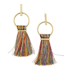 Round Hoop Hanging Tassel Earrings, 3-Inch