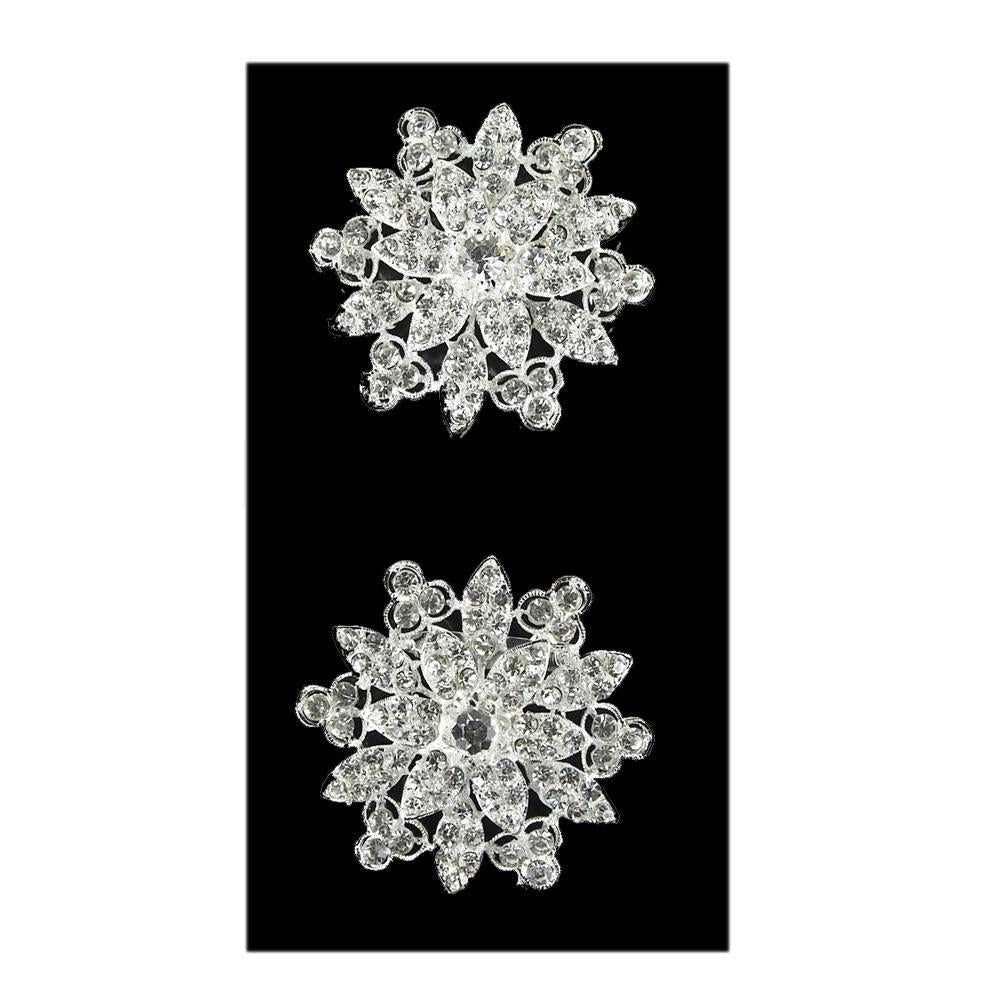 Classy Flower Rhinestone Crystal Brooches, Silver, 2-1/2-Inch, 2-Piece