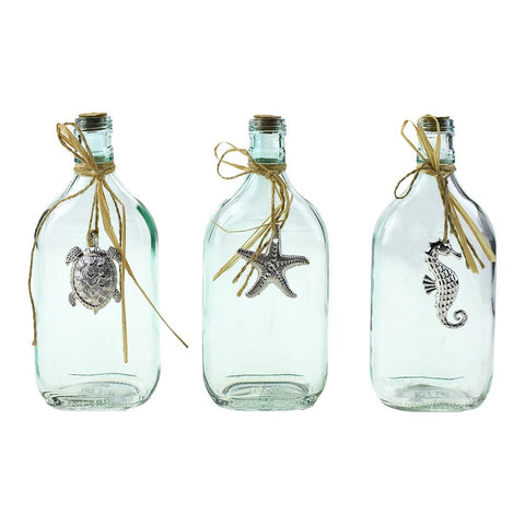 Glass Bottles with Sea Animal Charms, 8-Inch, 3-Piece