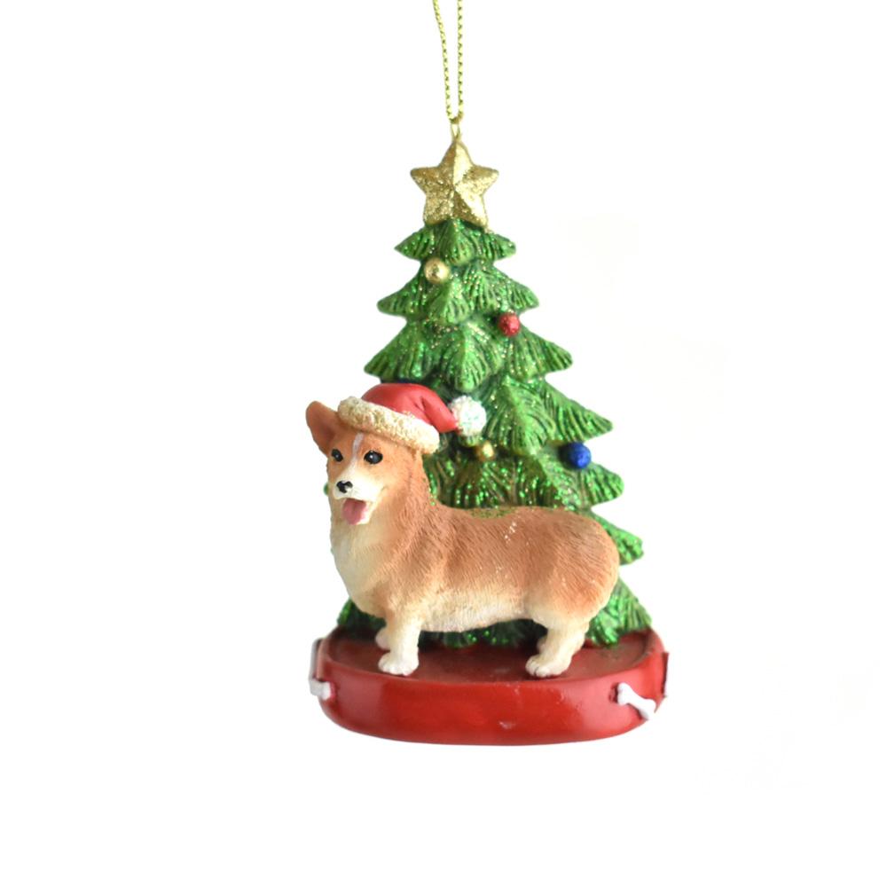 Santa Hat Corgi with Christmas Tree Ornament, 4-1/4-Inch