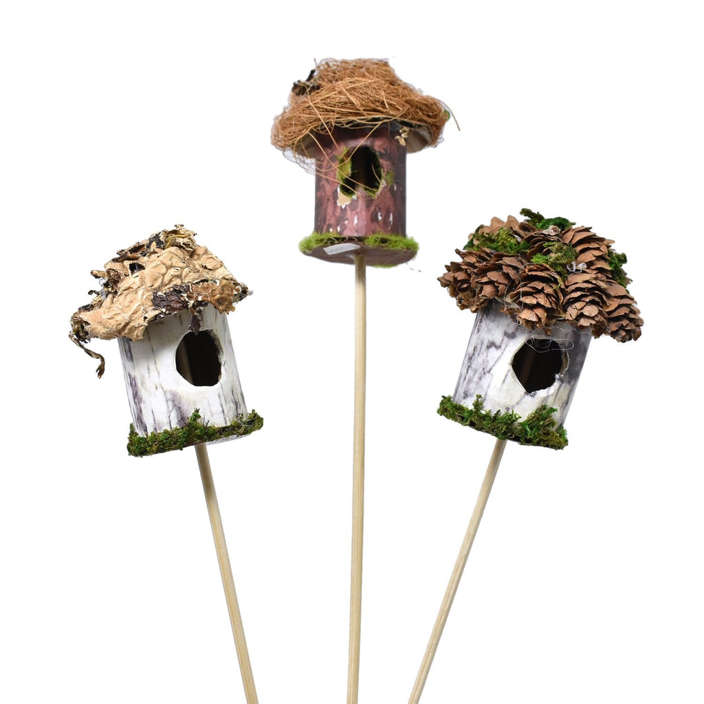 Decorative Mini Birdhouse Picks, 12-Inch, 3-Piece