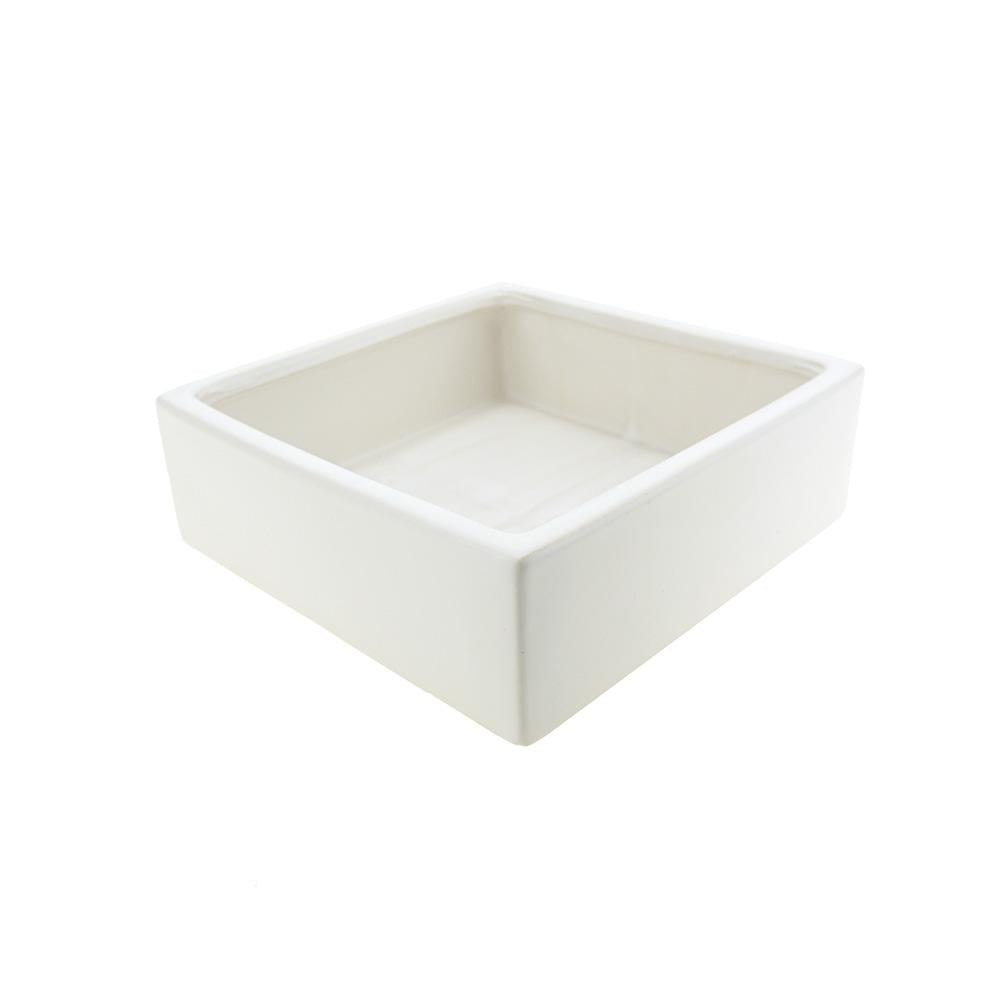 Wide Square Ceramic Vase, White, 8-3/4-Inch