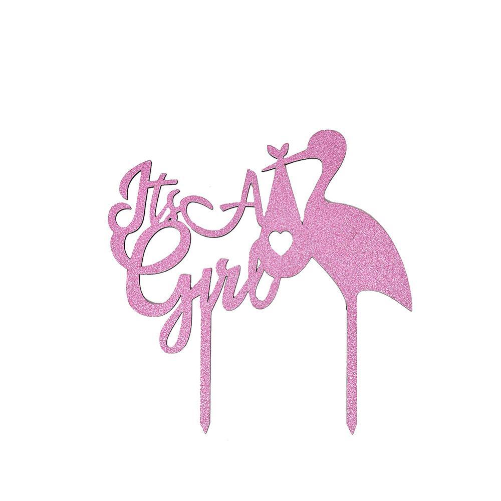 Glittered "It's A Girl" Stork Cake Topper, Pink, 6-Inch