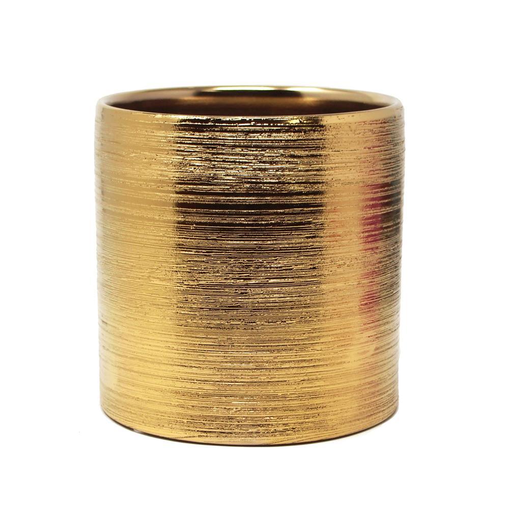 Scratched Cylinder Ceramic Floral Vase, Gold, 5-1/2-Inch