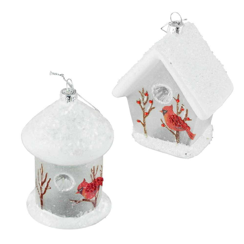 White Birdhouse Glass Ornaments, Assorted, 4-Inch, 2-Piece