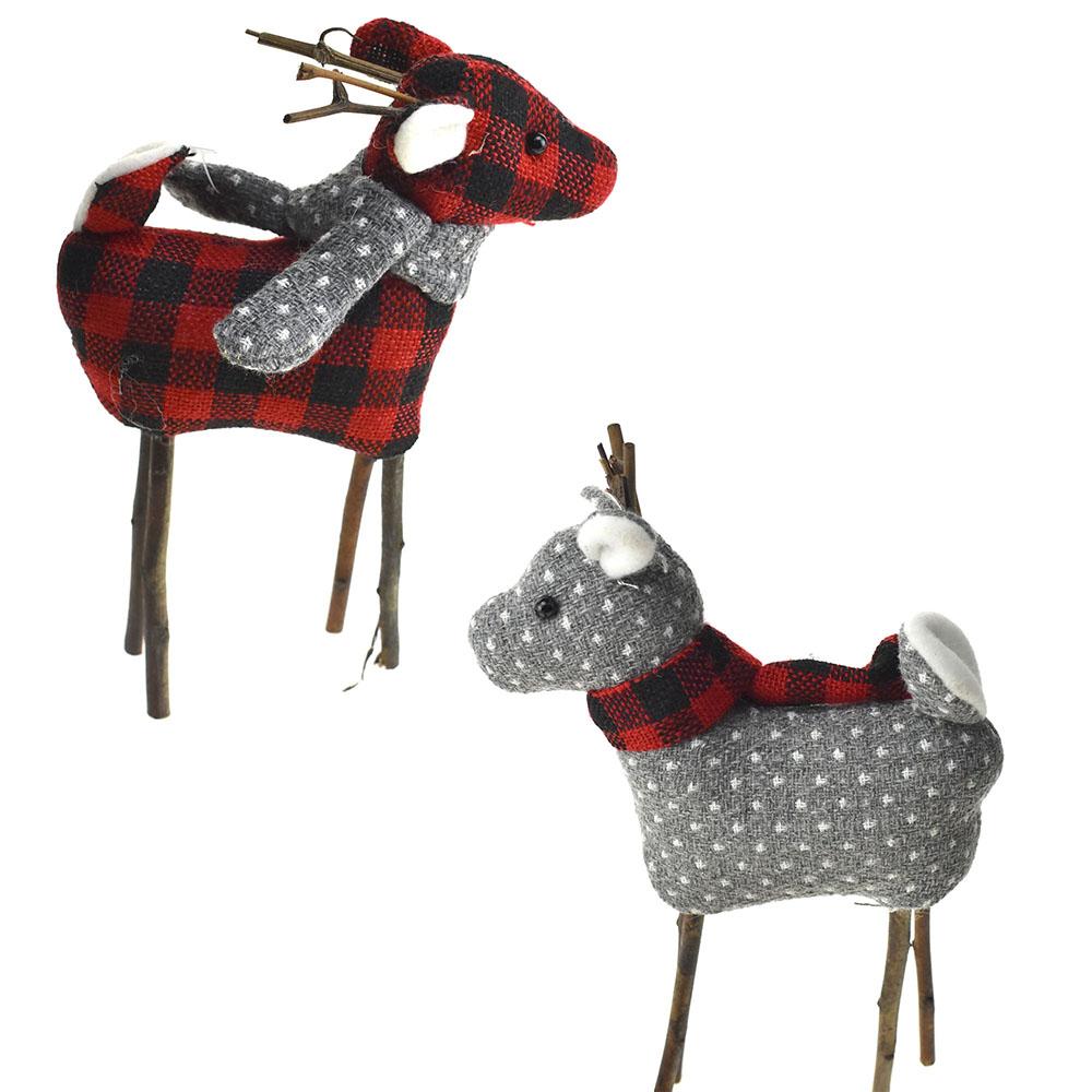 Plush Reindeer with Scarf Tablepiece, Red/Grey, 8-Inch, 2-Piece