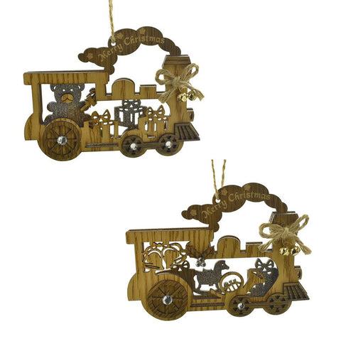 Wooden Train with Jingle Bells Ornaments, 4-1/2-Inch, 2-Piece