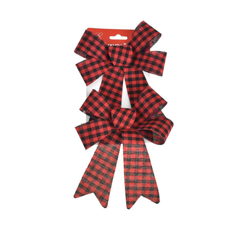 Buffalo Plaid Cabin Checkered Plastic Christmas Bows, Red, 7-inch, 2-count