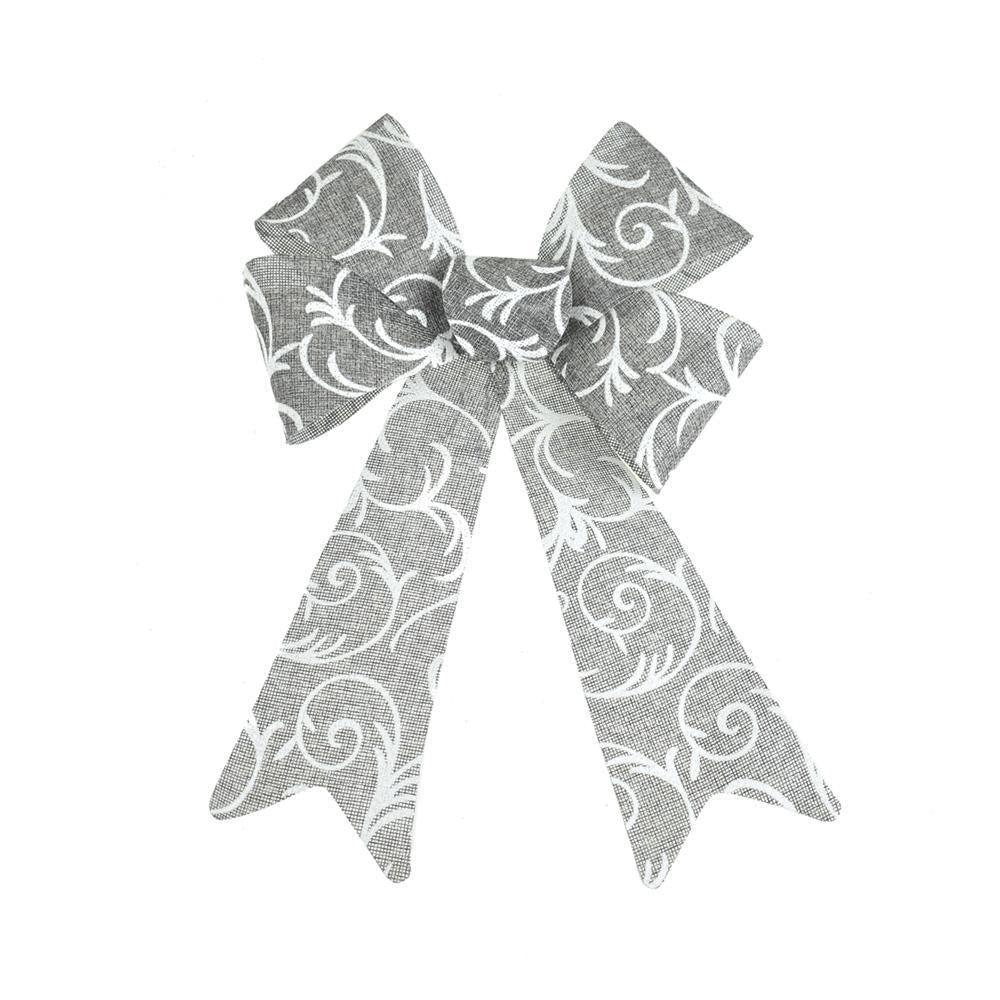 Scroll Swirled Plastic Christmas Bow, Grey, 14-Inch