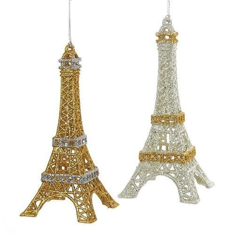 Acrylic Glittered Eiffel Tower Ornament, Metallic Gold/Metallic Silver, 5-3/4-Inch, 2-Piece