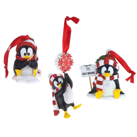 Winter Penguin Ceramic Christmas Ornaments, Black/White, 3-1/2-Inch, 3-Piece