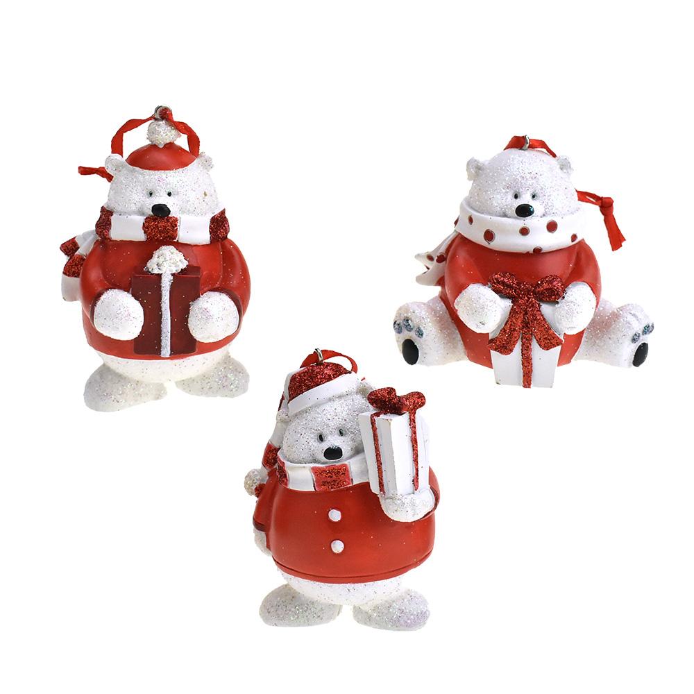 Resin Glitter Christmas Polar Bear Ornaments, 3-1/4-Inch, 3-Piece