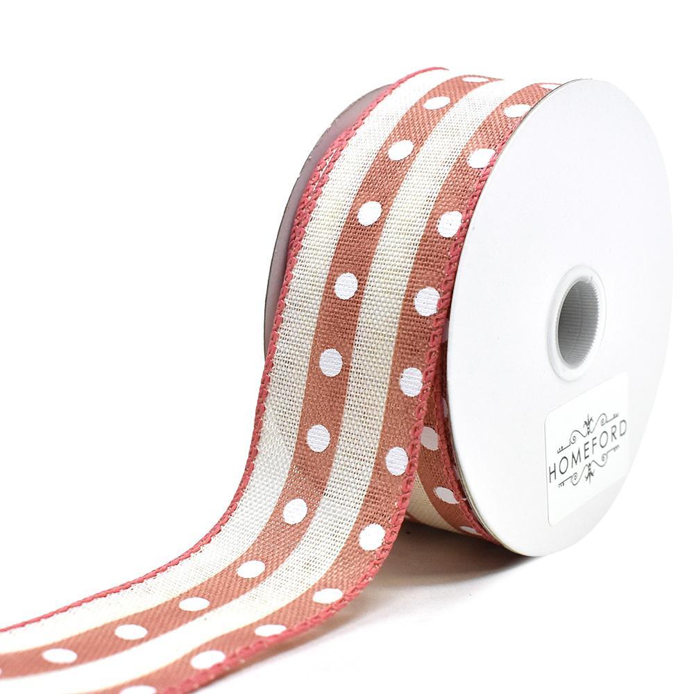 Studded Stripes Linen Wired Ribbon, Cream/Blush, 1-1/2-Inch, 10-Yard