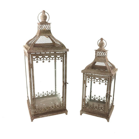 Distressed Metal Lantern with Angled Top and Glass Door, 2-Piece