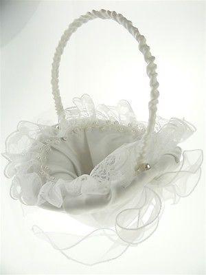 Satin Flower Girl Baskets Wedding Ceremony, 8-inch, Ruffled Lace w/ Pearl (Oval), White