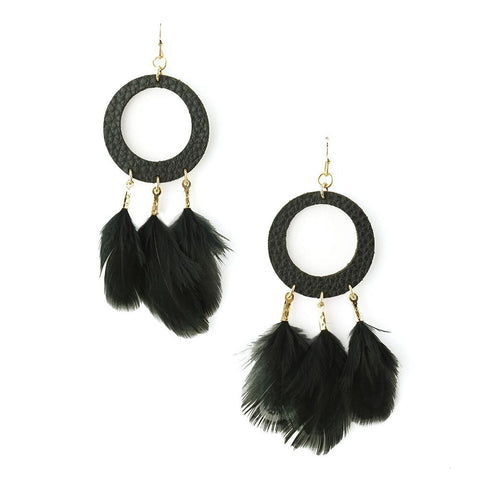 Hanging Leather and Feather Hoop Earrings, 3-Inch