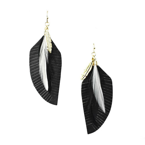 Feather Shaped Leather with Feather Drop Earrings, 2-3/4-Inch