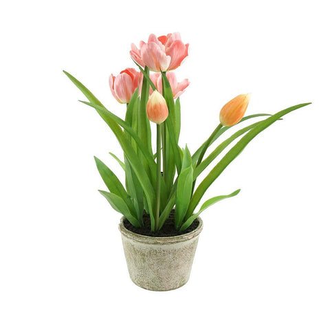 Artificial Tulip in Paper Mache Pot Home Accent, Pink, 13-Inch