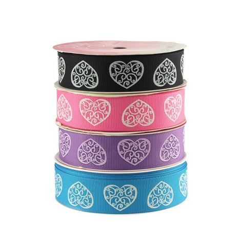 Glitter Swirl Heart Grosgrain Ribbon, 7/8-inch, 4-yard