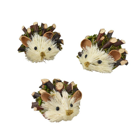 Twig and Moss Buri Hedgehog Decorations, 2-Inch, 3-Piece