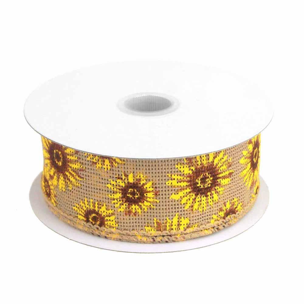 Sun Flowers Faux Burlap Ribbon Wired edge, 1-1/2-Inch, 10 Yards