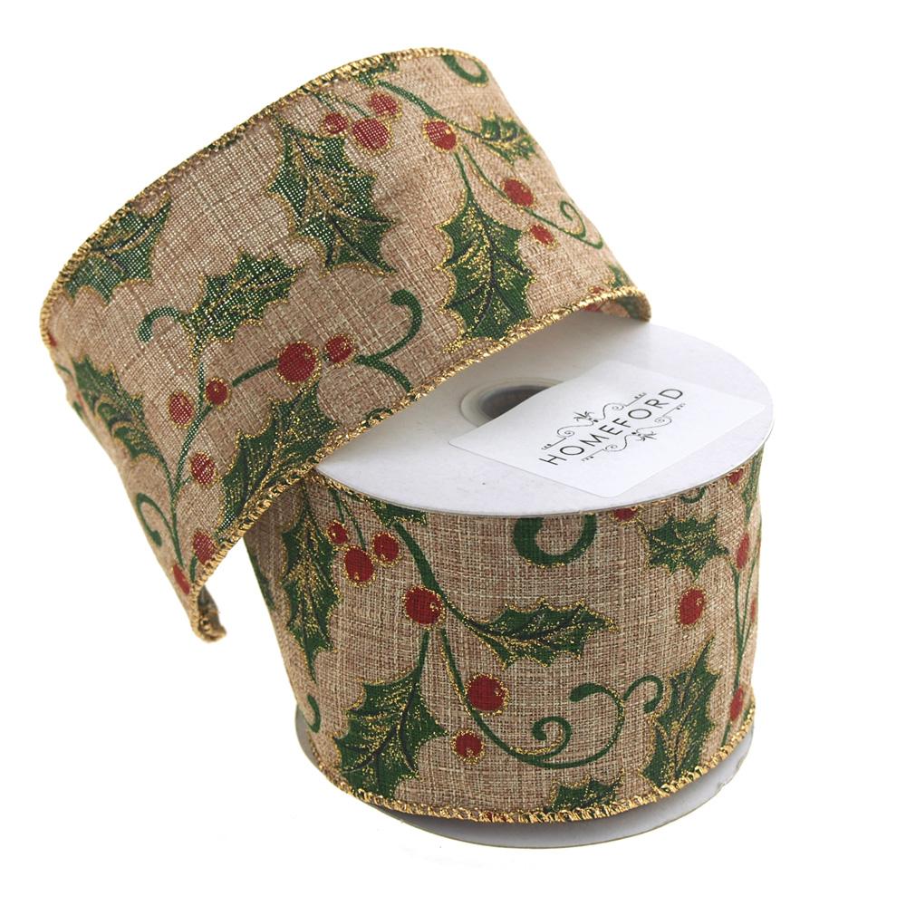 Holly Leaf Christmas Canvas Ribbon, 2-1/2-Inch, 10 Yards, Natural/Green