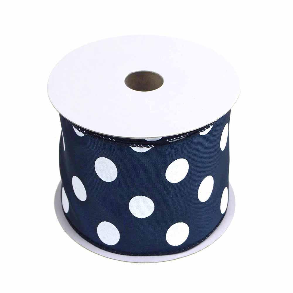 Polka Dots Ribbon Wired Edge, Navy Blue, 2-1/2-Inch, 10 Yards