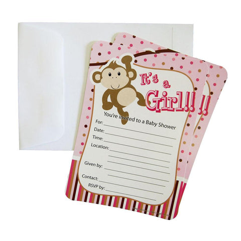 Baby Shower Invitation Envelope, Monkey, Light Pink, 7-Inch, 12-Piece