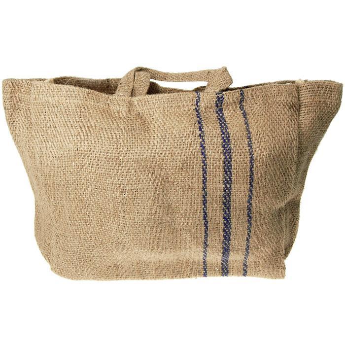 Hessian Burlap Basket Bag with Blue Lines, 16-inch