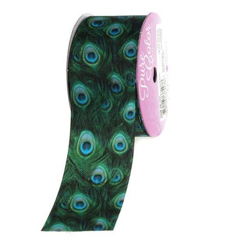 Peacock Print Satin Ribbon, 1-1/2-inch, 3-yard, Teal