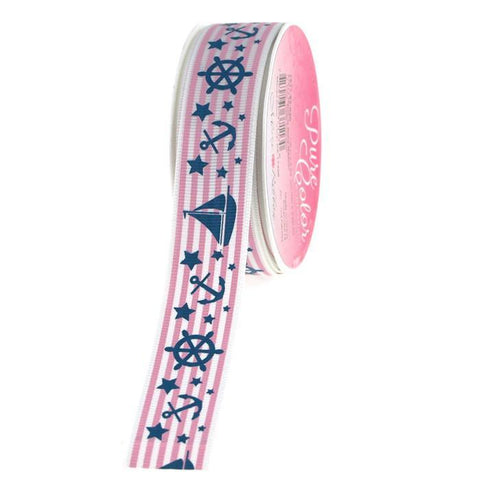 Nautical Symbol Pink Striped Grosgrain Ribbon, 7/8-inch, 4-yard