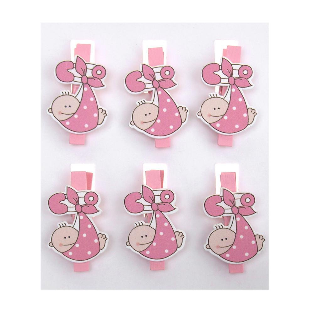 Baby with Safety Pin Wooden Clothespins Favors, 2-Inch, 6-Piece, Pink