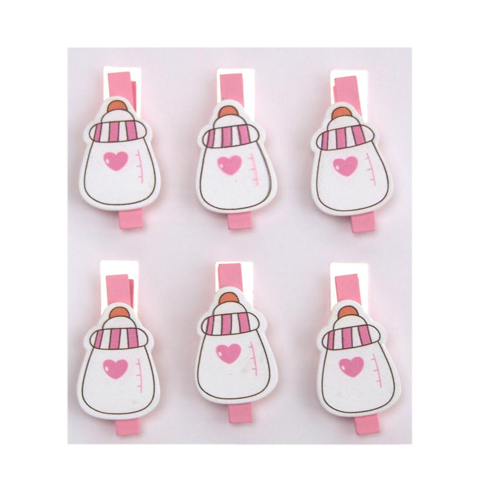 Milk Bottle with Heart Wooden Clothespins Baby Favors, 2-Inch, 6-Piece, Pink