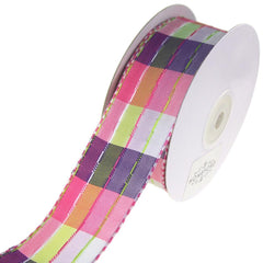 Colorful Stitched Line Plaid Ribbon, 1-1/2-Inch, 10-Yard