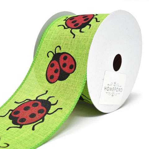 Lady Bug Print Canvas Ribbon Wired Edge, Lime, 2-1/2-Inch, 10 Yards