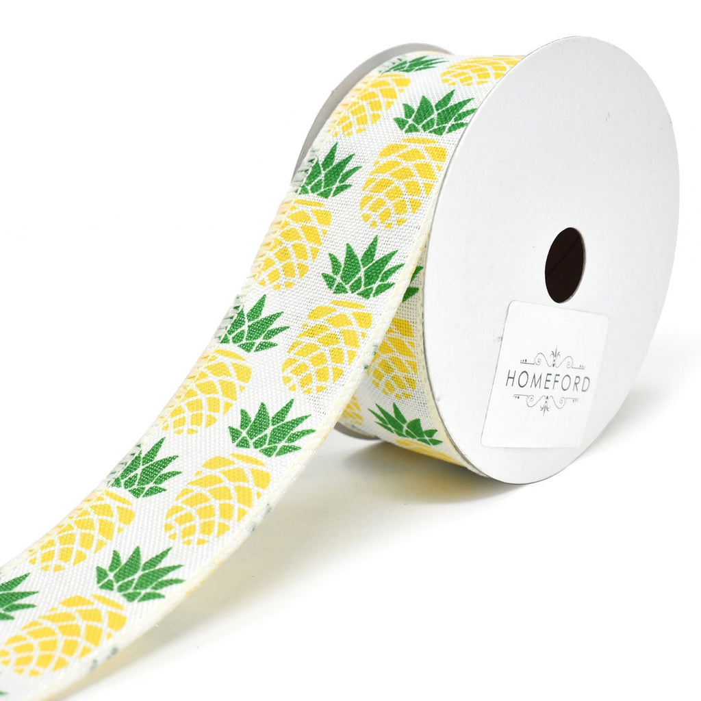 Pineapple Printed Wired Linen Ribbon, White, 1-1/2-Inch, 10-Yard