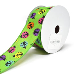Vibrant Colored Lady Bugs Wired Linen Ribbon, 1-1/2-Inch, 10-Yard