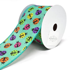 Vibrant Colored Lady Bugs Wired Linen Ribbon, 2-1/2-Inch, 10-Yard