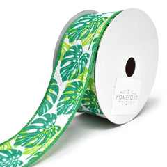 Tropical Monstera Leaves Wired Linen Ribbon, 1-1/2-Inch, 10-Yard