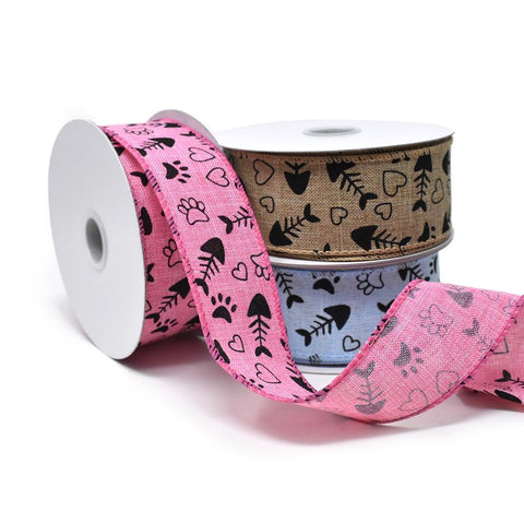 Kitty Cat Paws and Fish Bones Wired Linen Ribbon, 1-1/2-Inch, 10-Yard