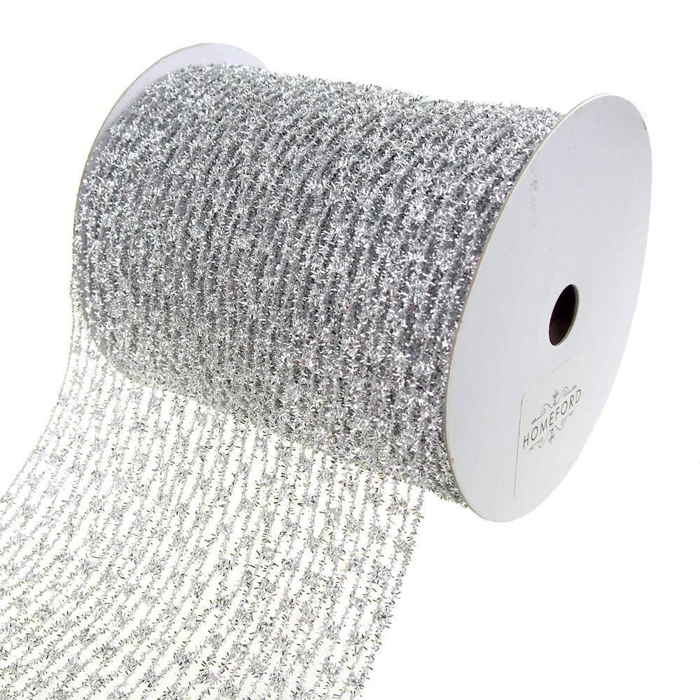 Metallic Tinsel Wired Diamond Netting Mesh Christmas Ribbon, Silver, 6-Inch, 10 Yards